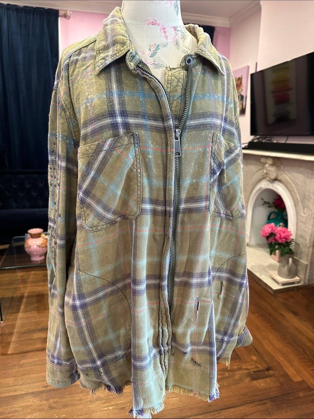 Free People Olive Plaid Zip-Front Utility Jacket with Blue & Purple Accents